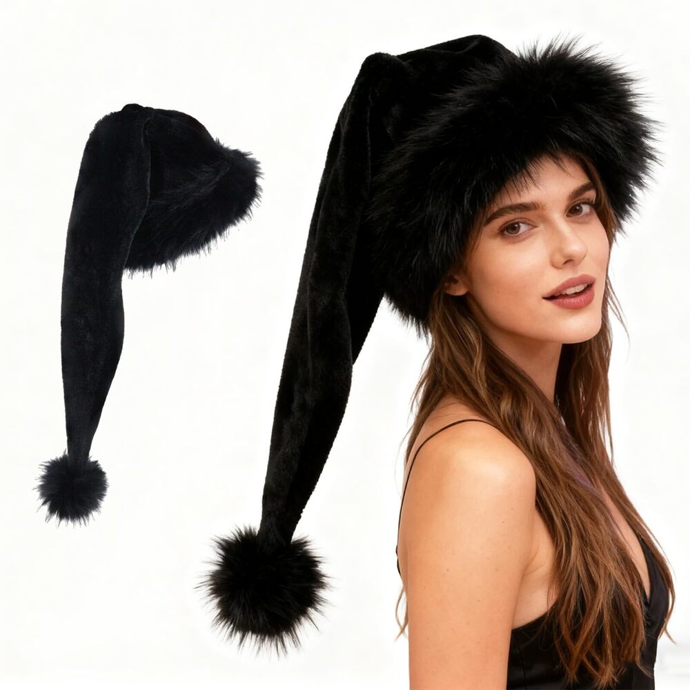 9517 Long Santa Hat, Black Plush Hat Comfortable Holiday Hats Adults
